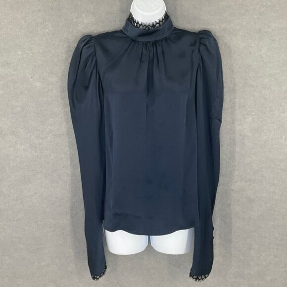FRAME Top Womens Sz M Navy Silk Mock Neck Dainty Lace Trim Renaissance Romantic - Picture 1 of 12